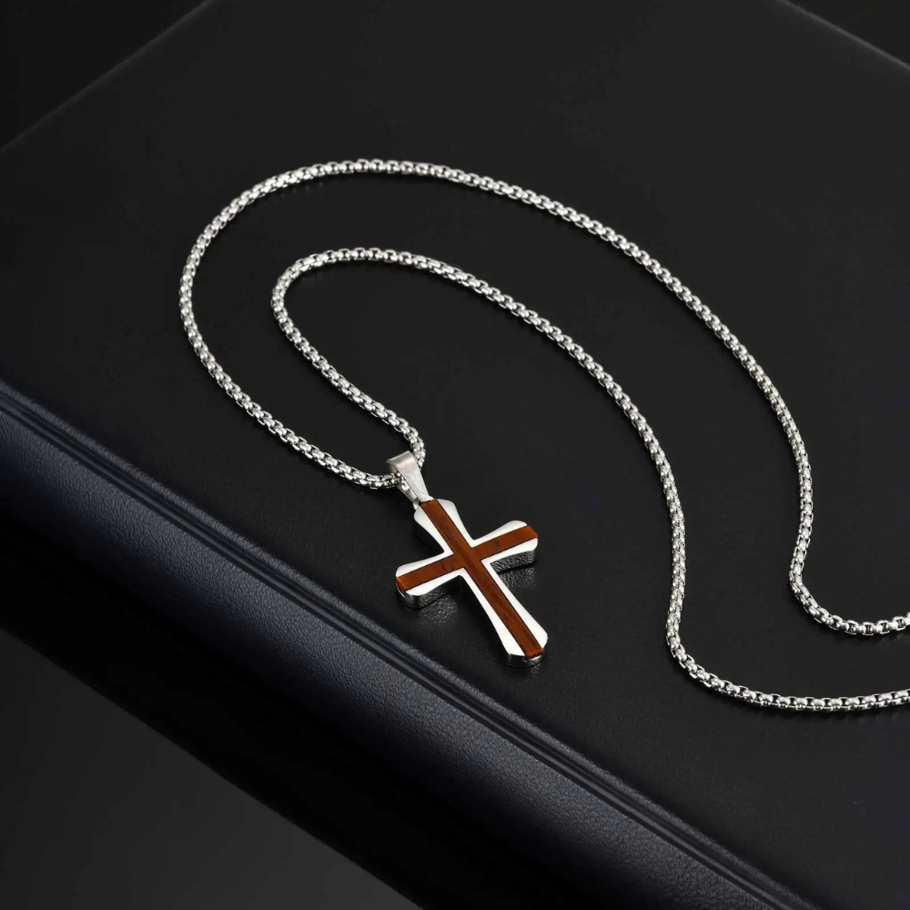 Collier Croix Acier et Bois Homme pendentif