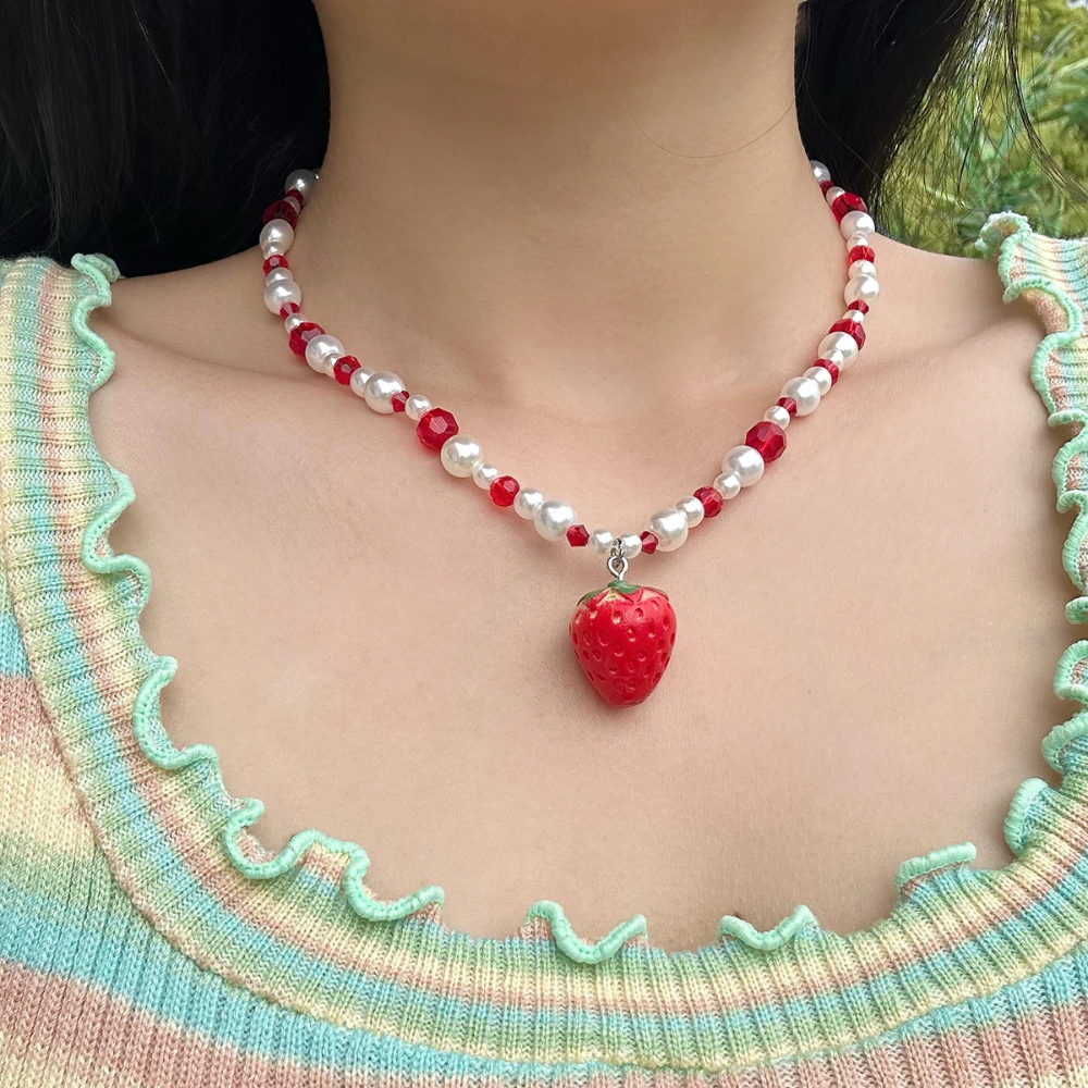 Collier Perles Fraise femme