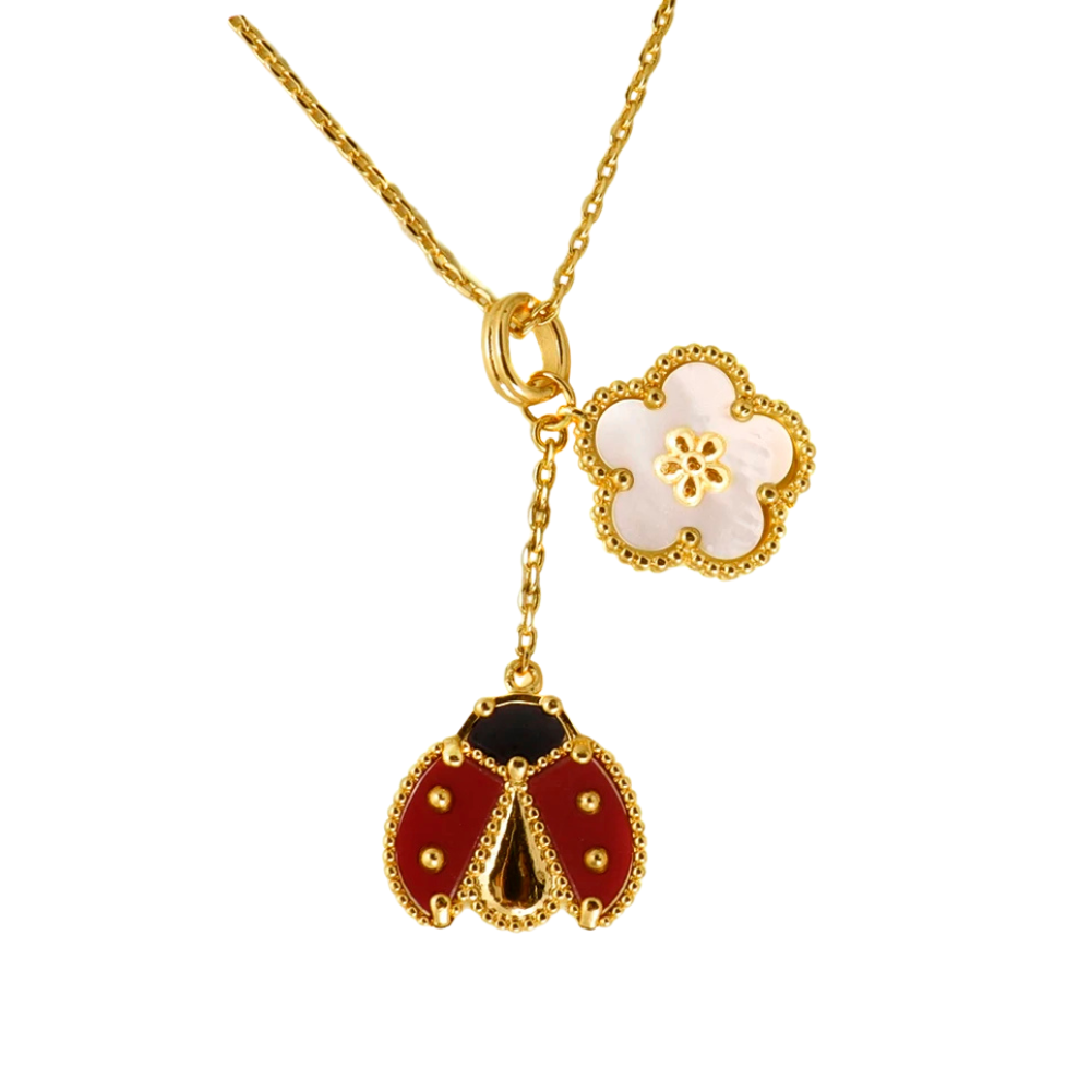 Collier Coccinelle et Fleur or