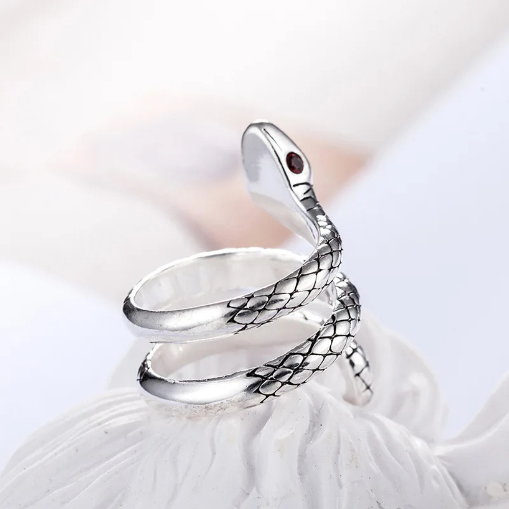 Bague Serpent Argent Yeux Rouges reglable