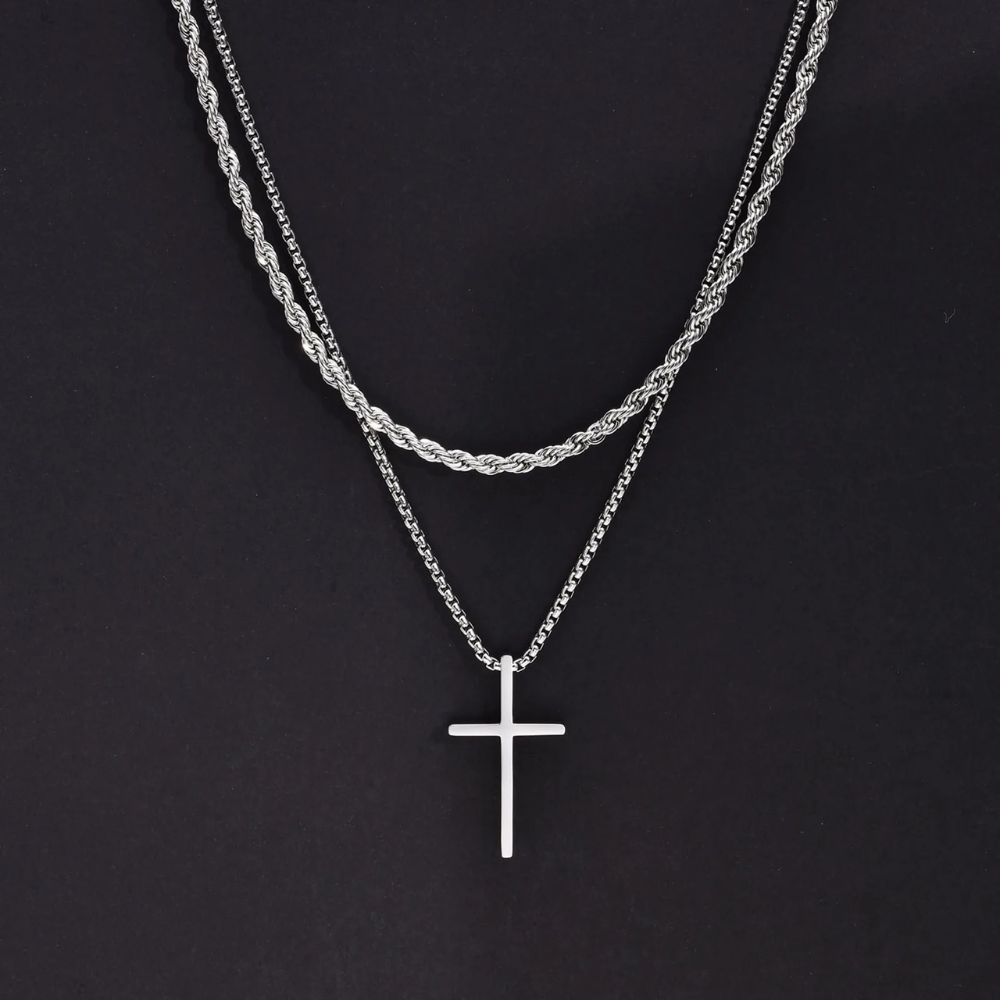 Double Collier Croix Homme pendentif argent