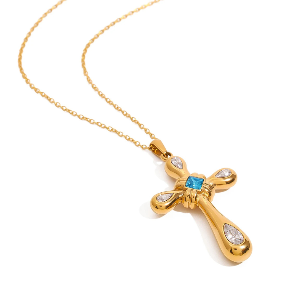 Collier Croix Dorée Pierre Bleue