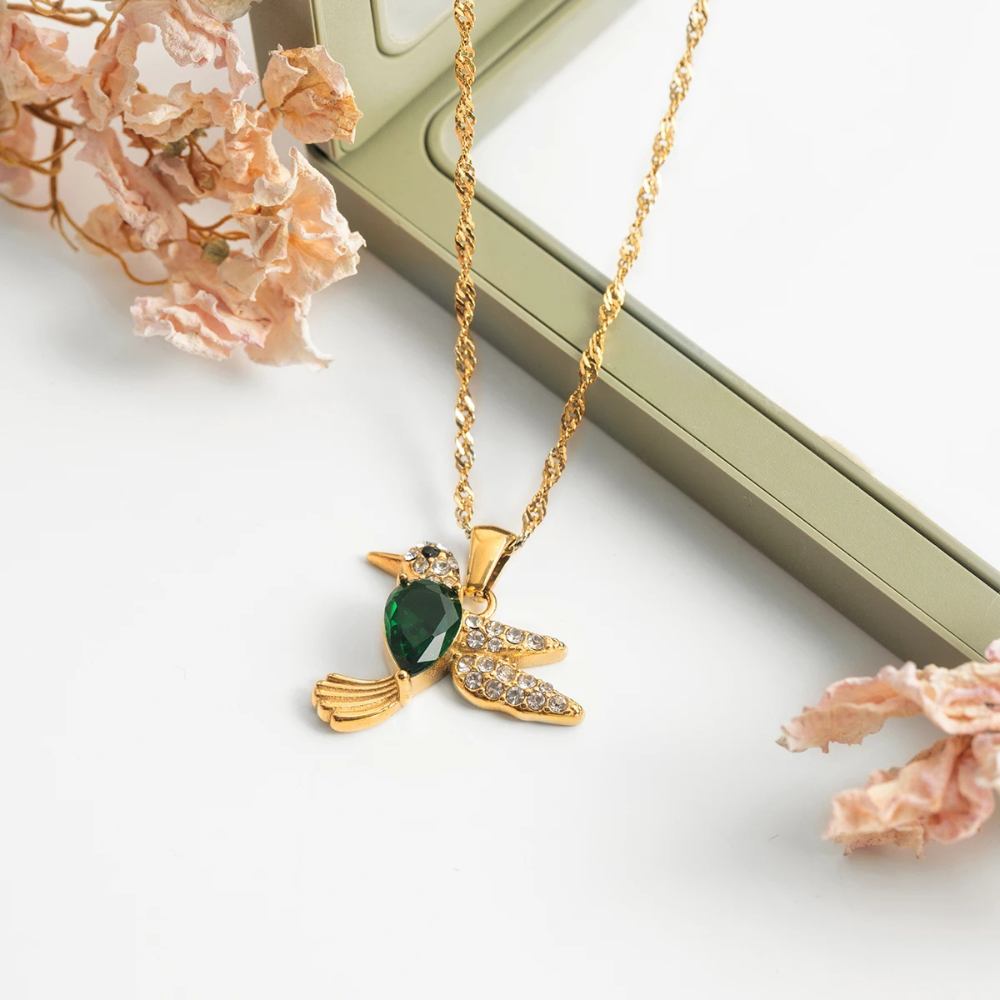 Collier Oiseau et Pierre Verte diamant