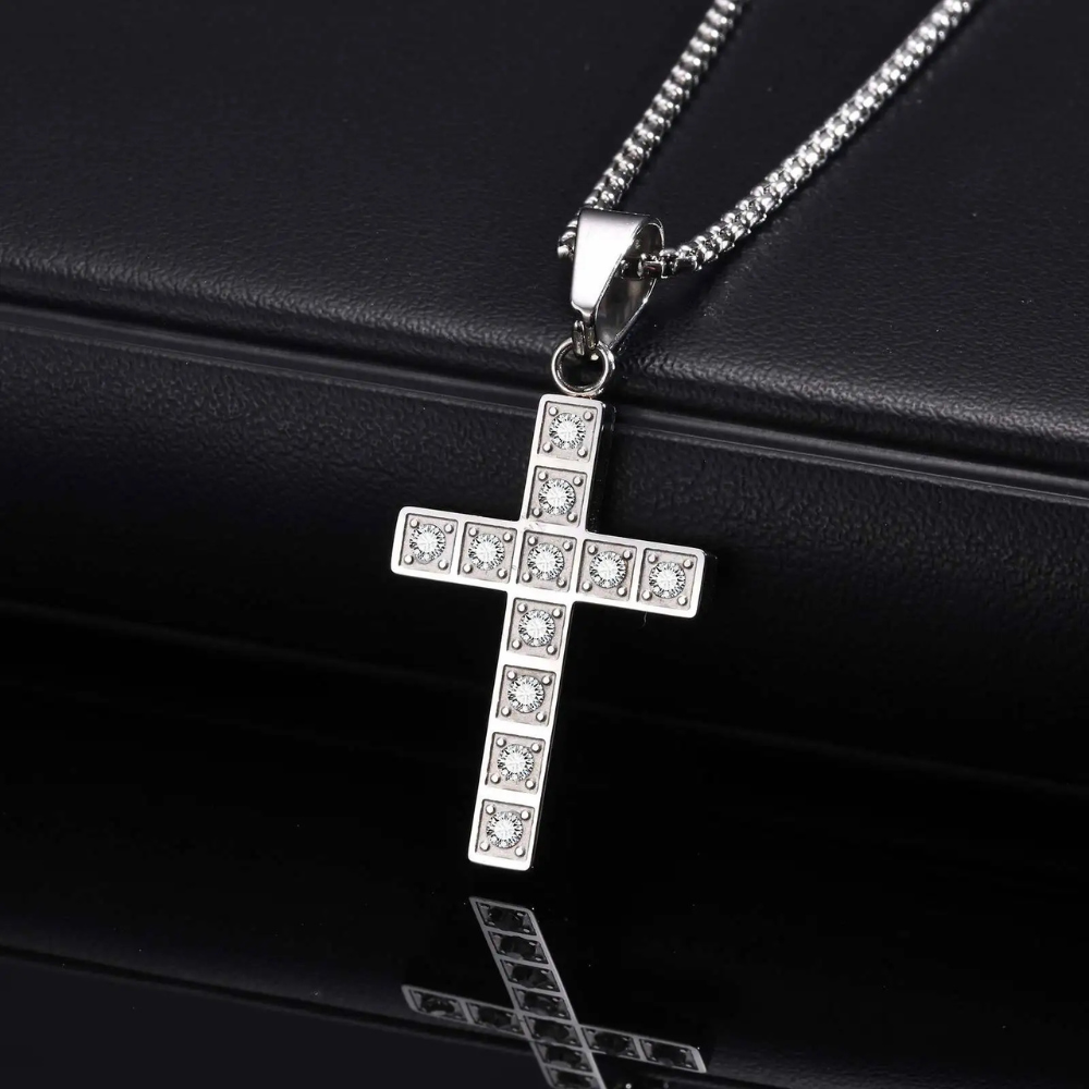Collier Croix Argent strass Homme