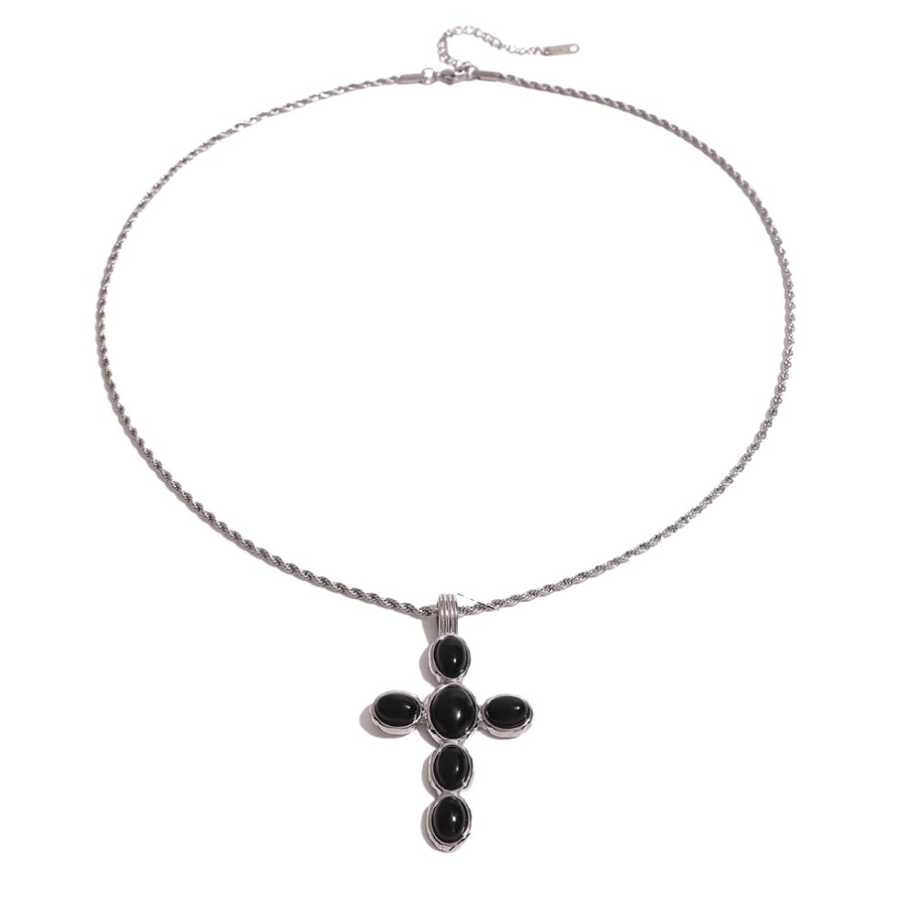 Collier Croix Perles Noires argent