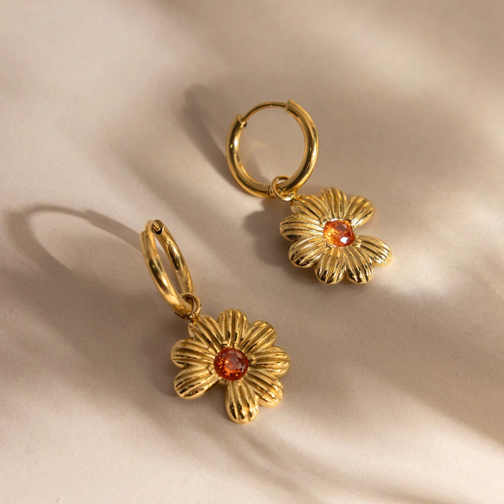 Boucles d'Oreilles Fleur Zircon Orange breloque