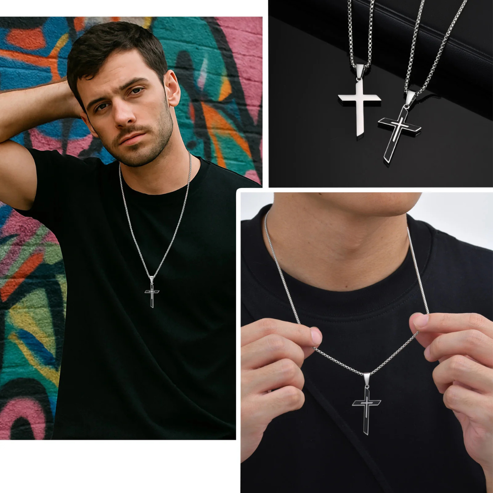 Collier Croix Argent et Noire Homme pendentif