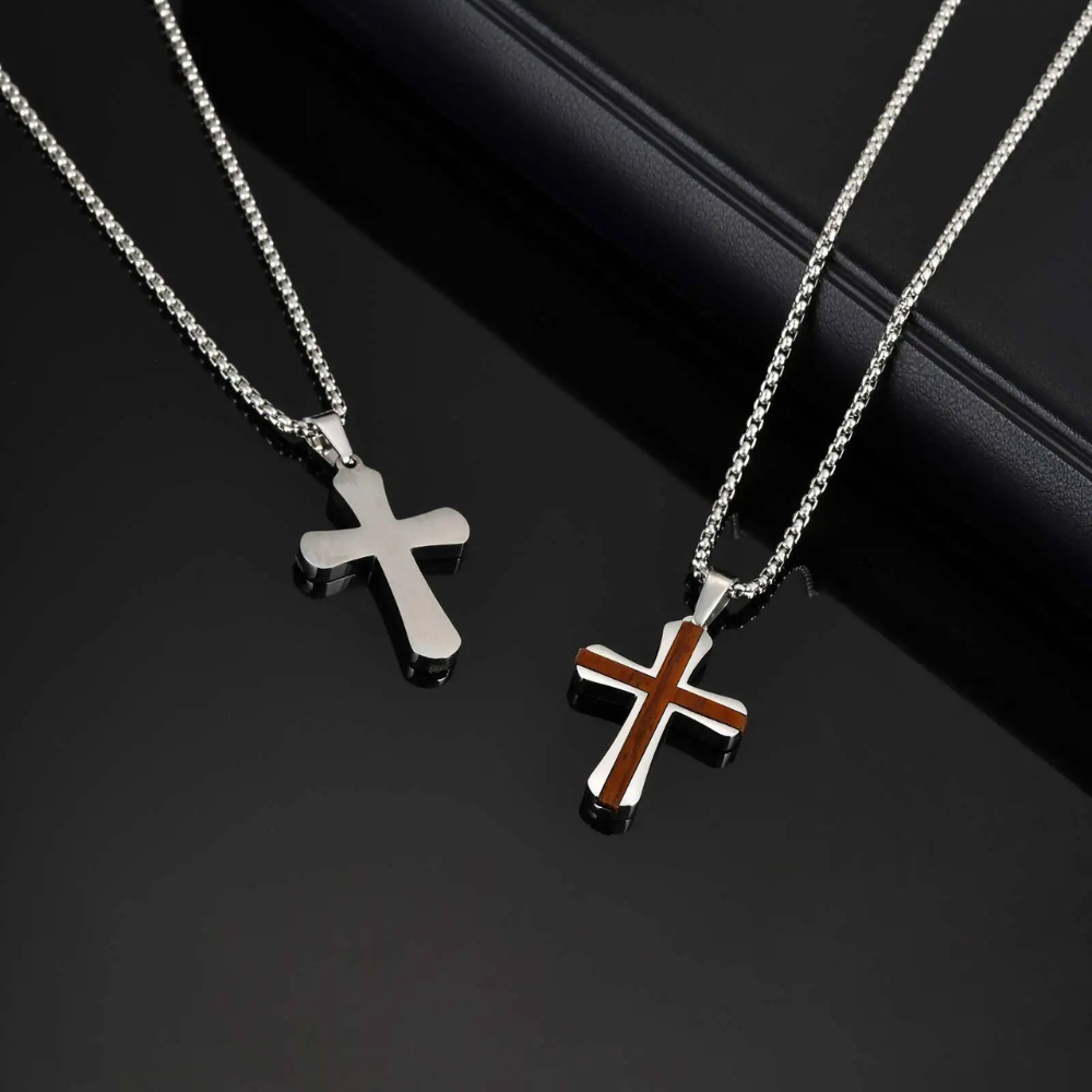 Collier Croix Acier inoxydable et Bois Homme