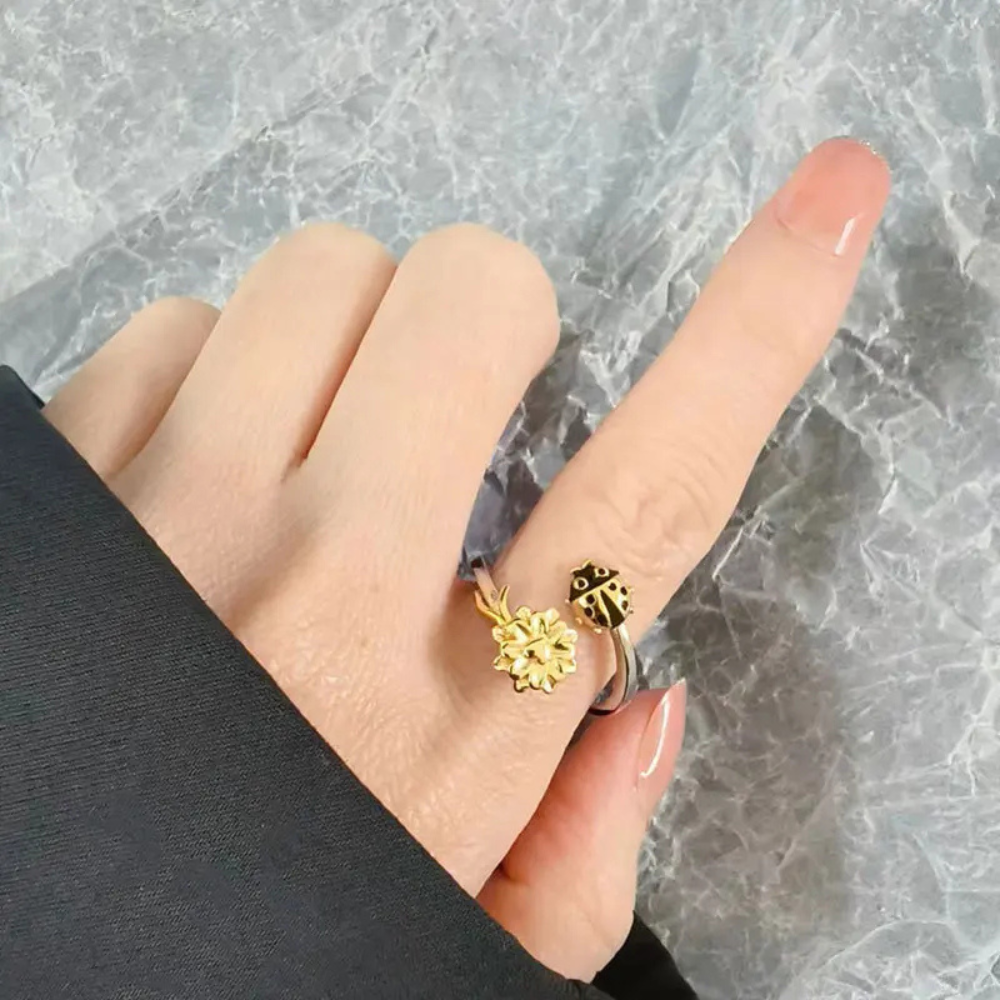 Bague Coccinelle et Fleur qui Tourne