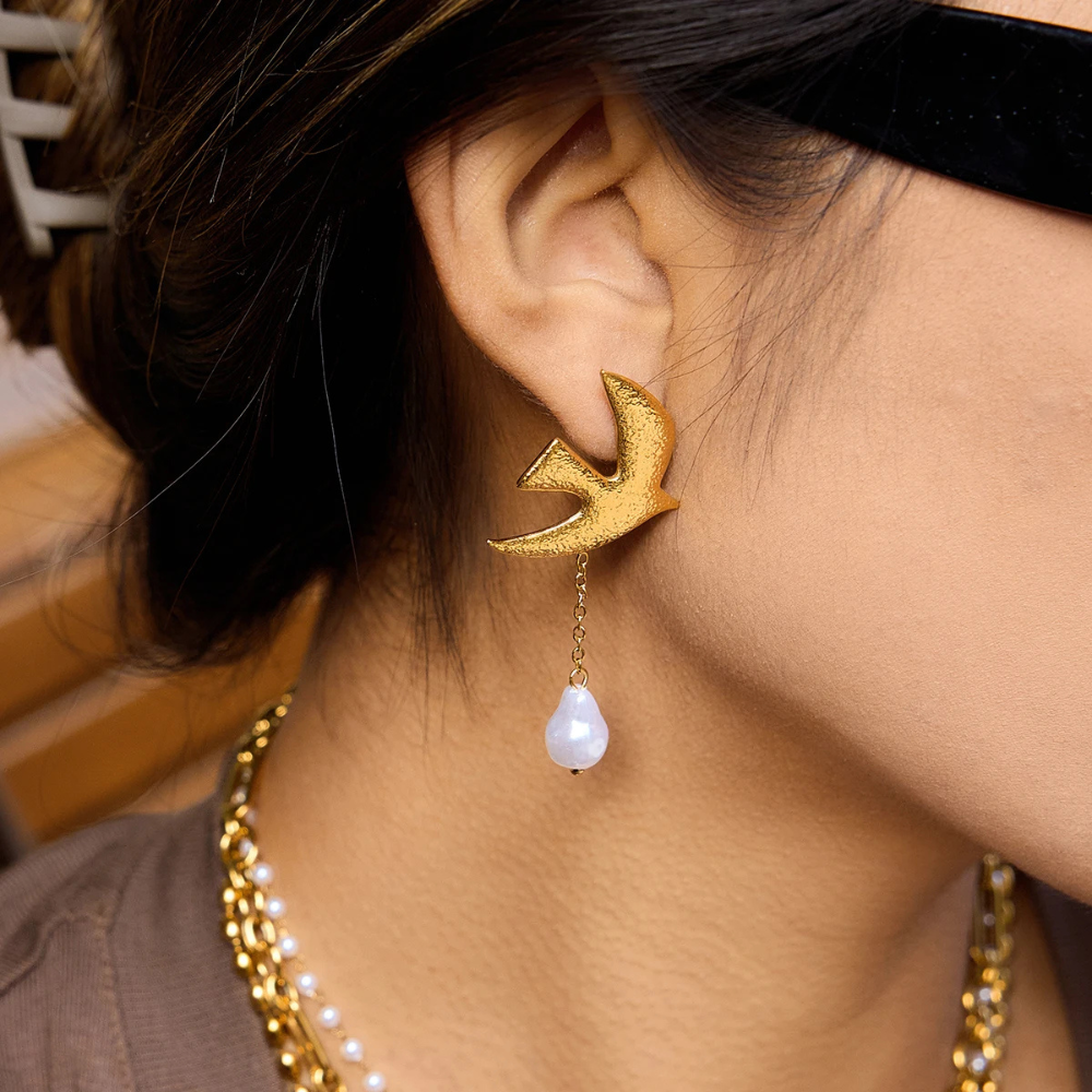Boucles d'Oreilles Oiseaux et Perles pendante