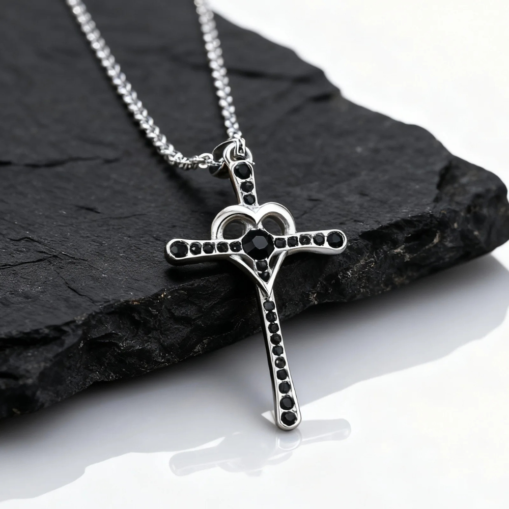 Collier Croix Acier Homme zircon noir