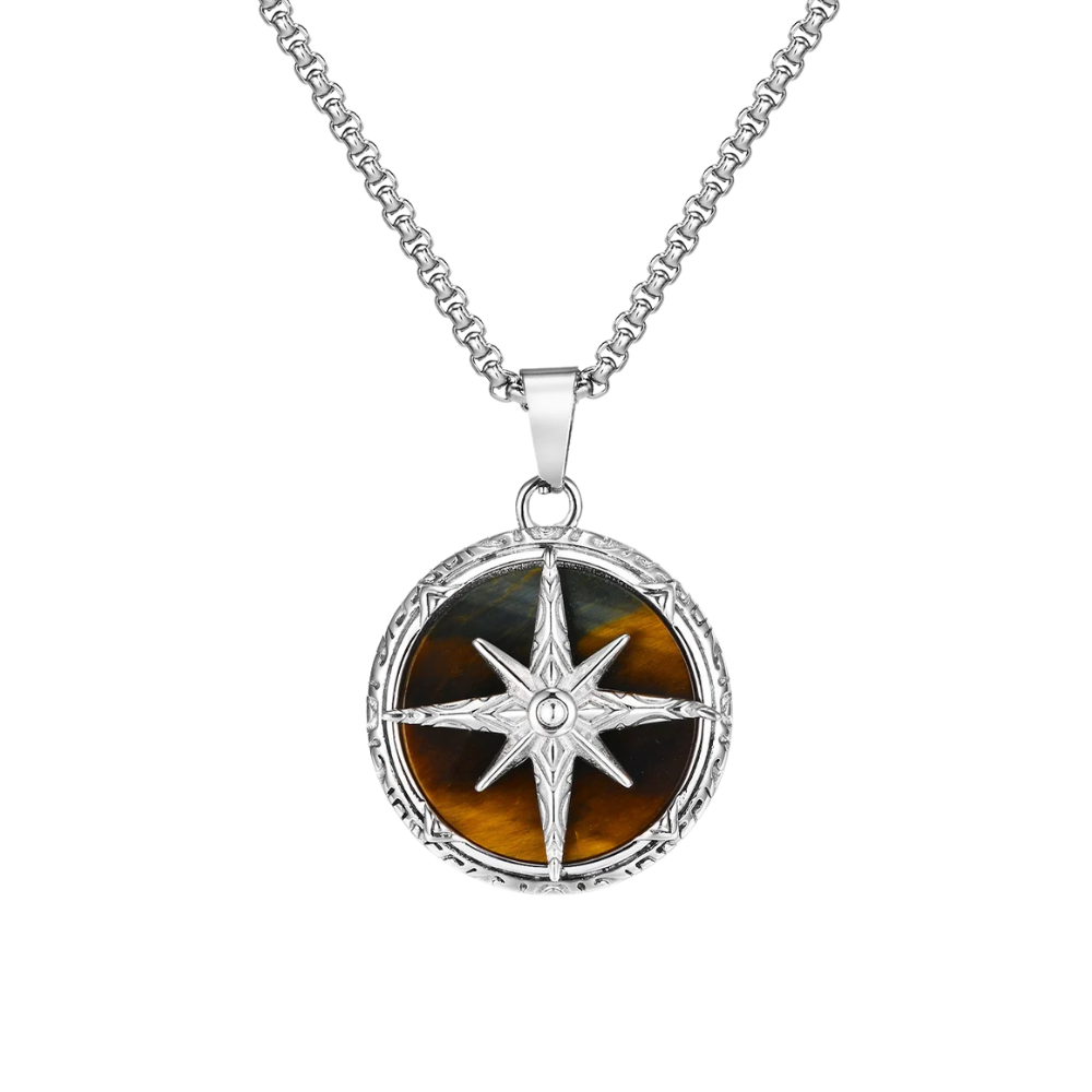 Collier Boussole Argent Homme marron