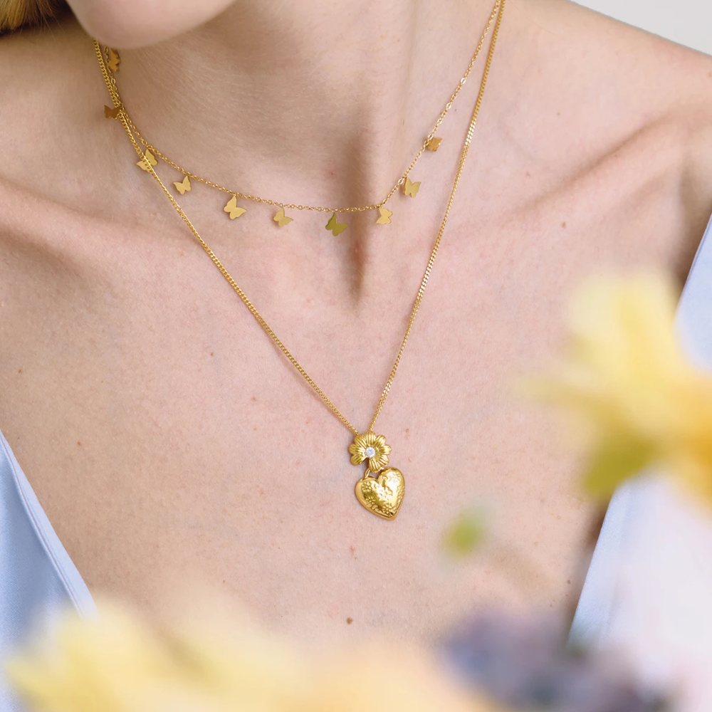 Collier Fleur et Coeur doré