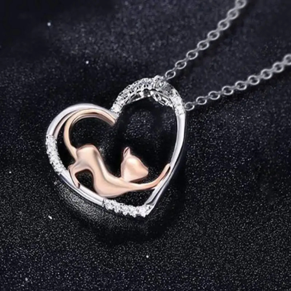 Collier Coeur et Chat Rose strass