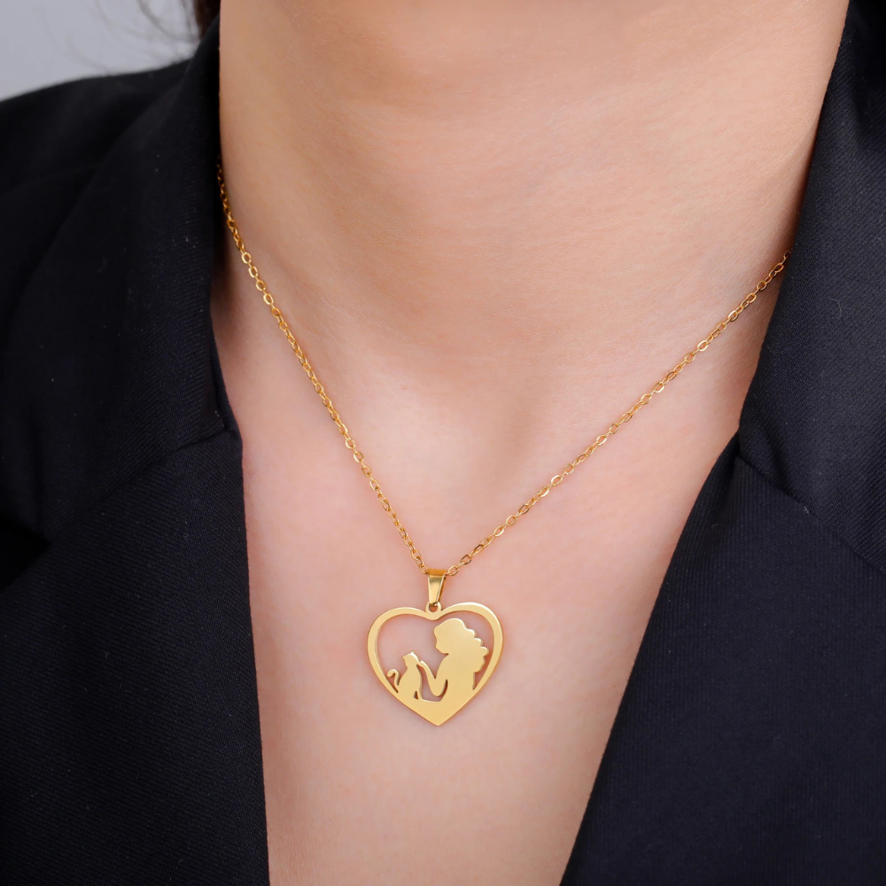 Collier Coeur Chat et Femme or