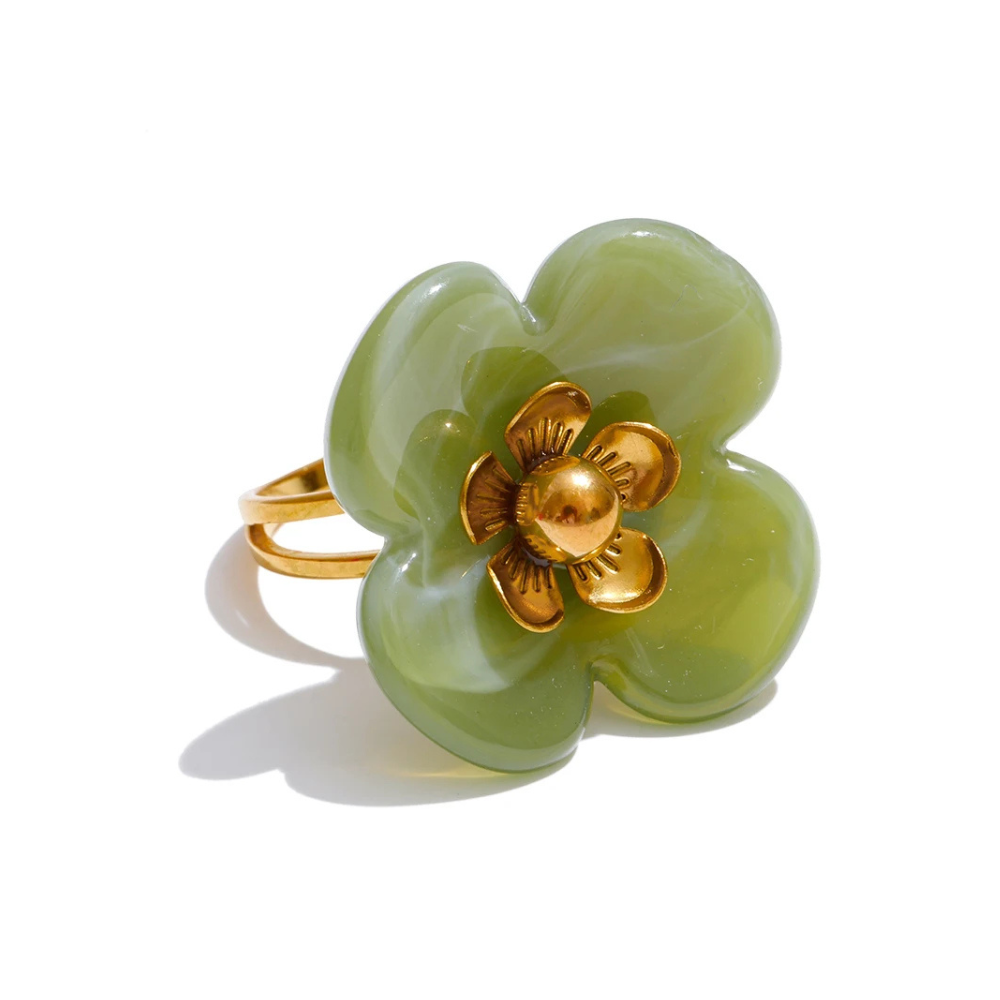 Bague Fleur Résine et Dorée verte
