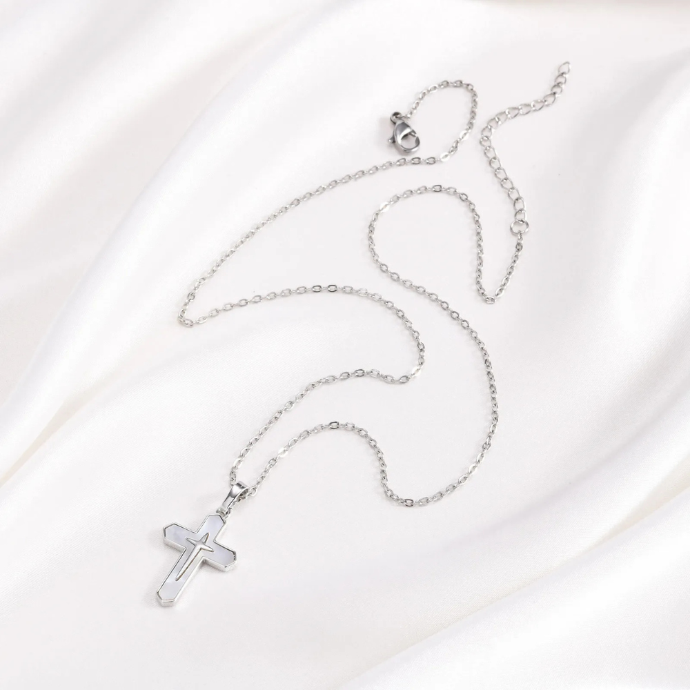 Collier Croix Nacre blanc argent Femme