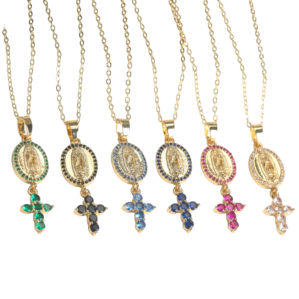 Collier Médaille Vierge et Croix Strass
