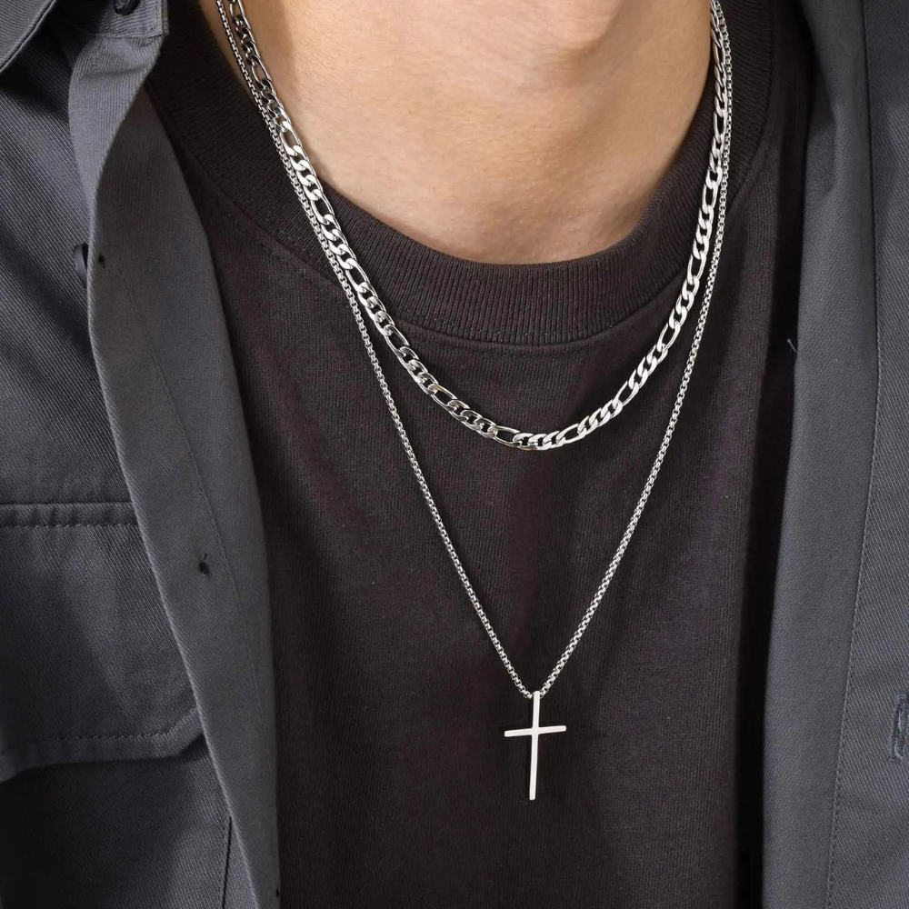 Double Collier Croix Homme pendentif acier