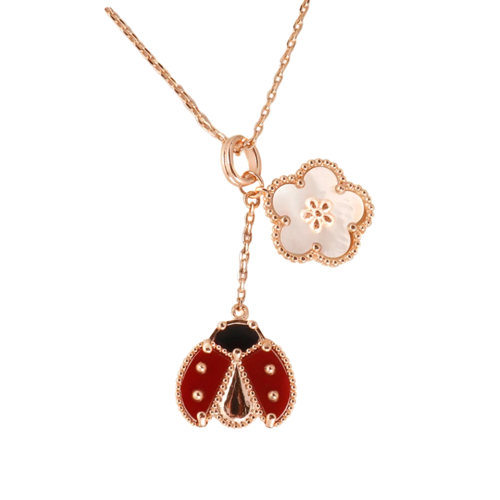 Collier Coccinelle et Fleur rose