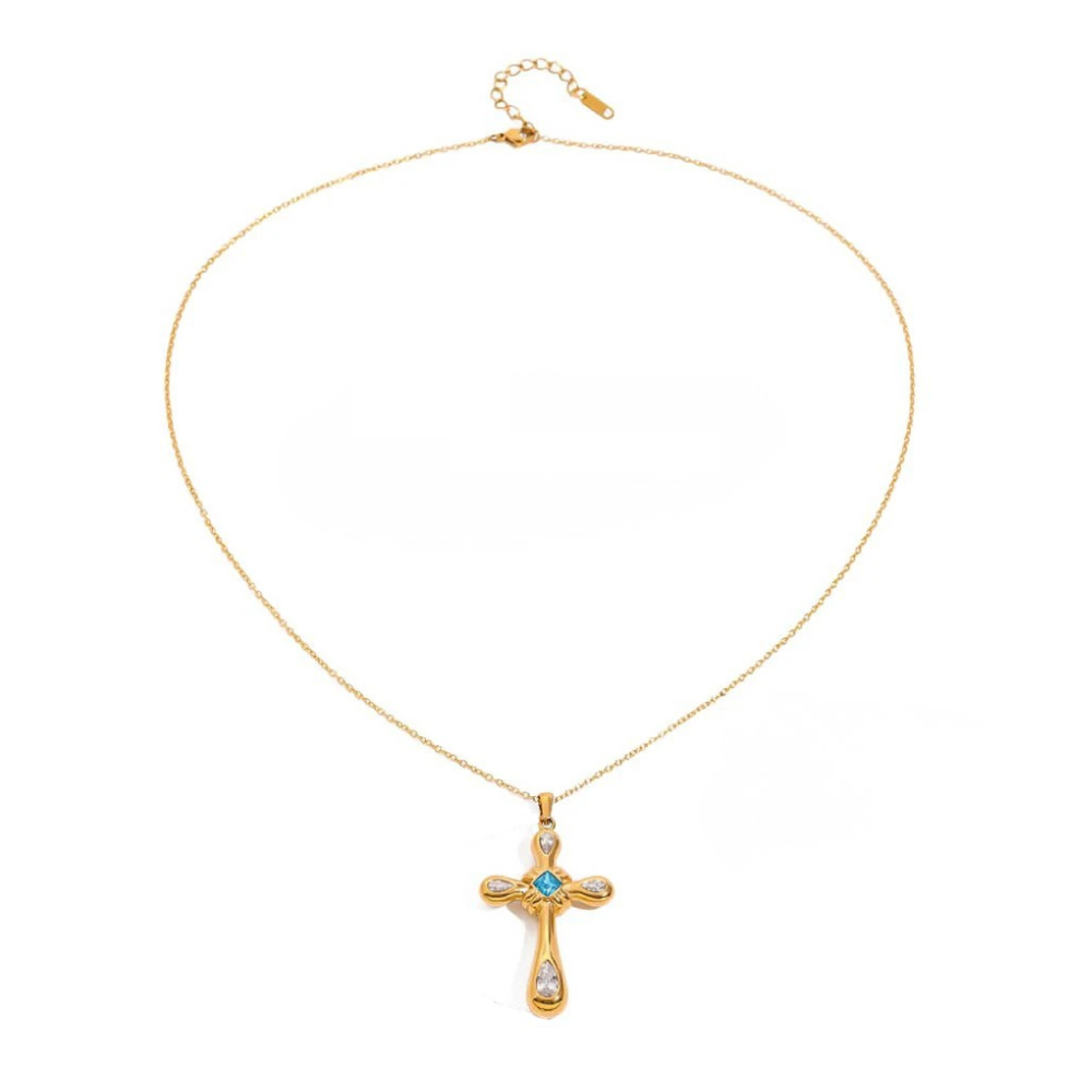 Collier Croix Dorée Pierre Bleue