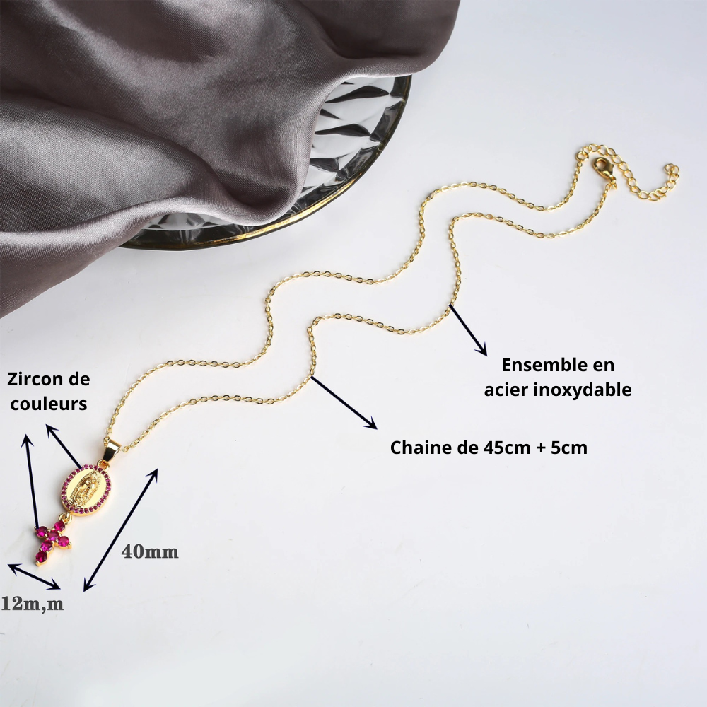Collier Médaille Vierge et Croix Strass doré