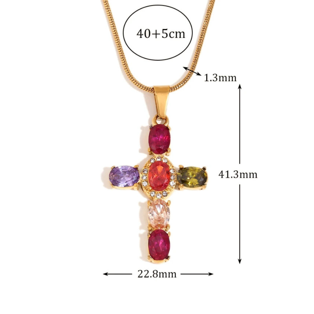 Collier Croix Pierres de Couleurs doré