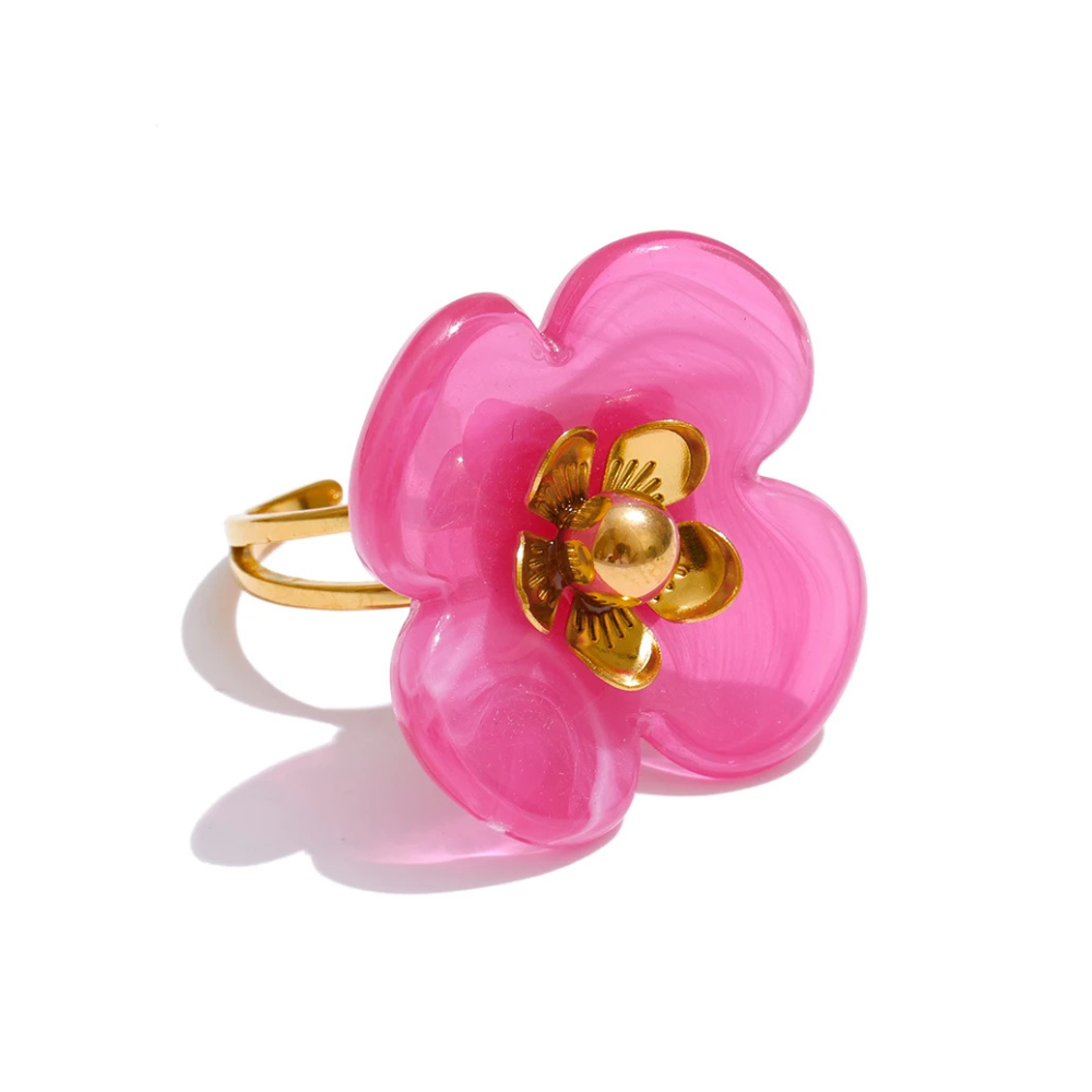 Bague Fleur Résine et Dorée rose