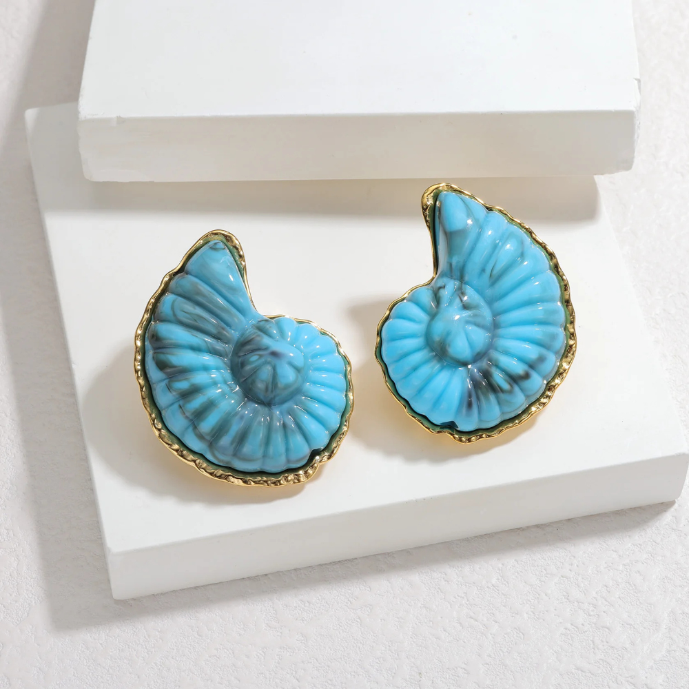 Boucles d'Oreilles Coquillage Ammonite femme bleue