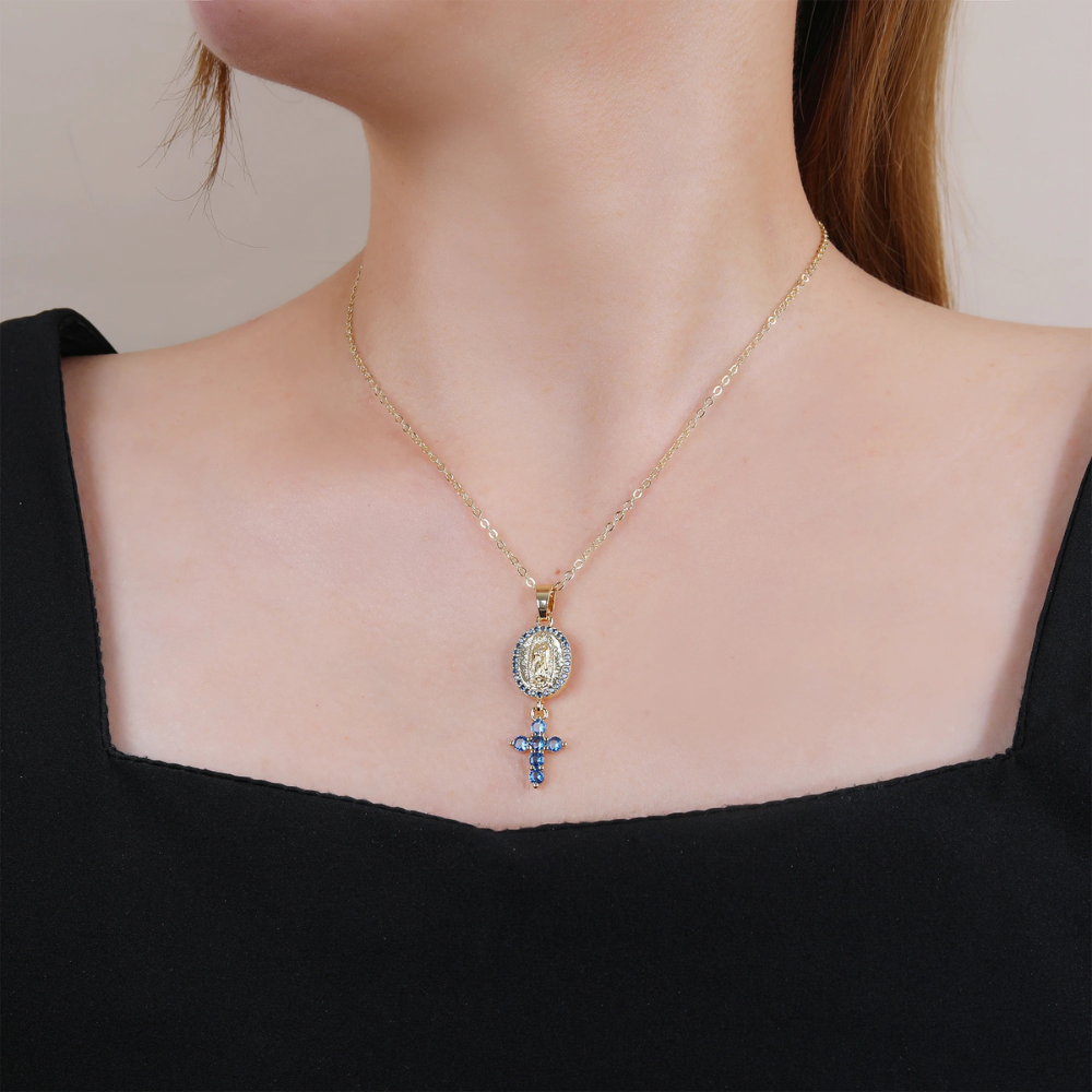 Collier Médaille Vierge et Croix Strass femme
