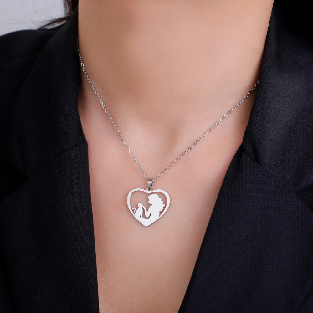 Collier Coeur Chat et Femme argent