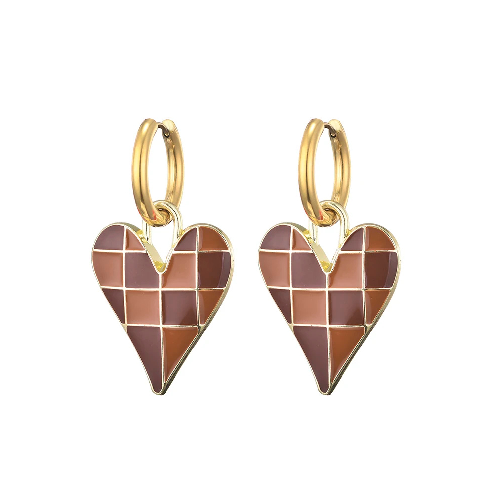 Boucles d'Oreilles Coeur Carreaux brun