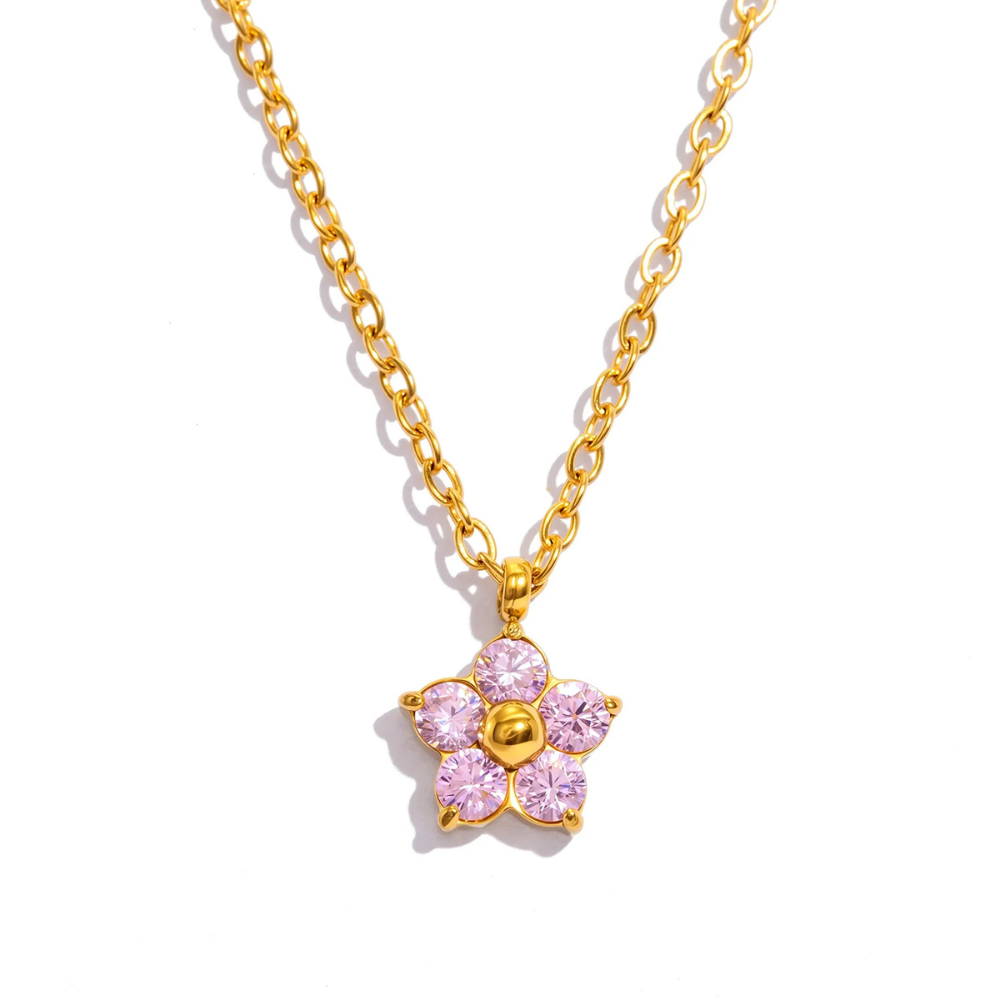 Collier petite Fleur Strass rose