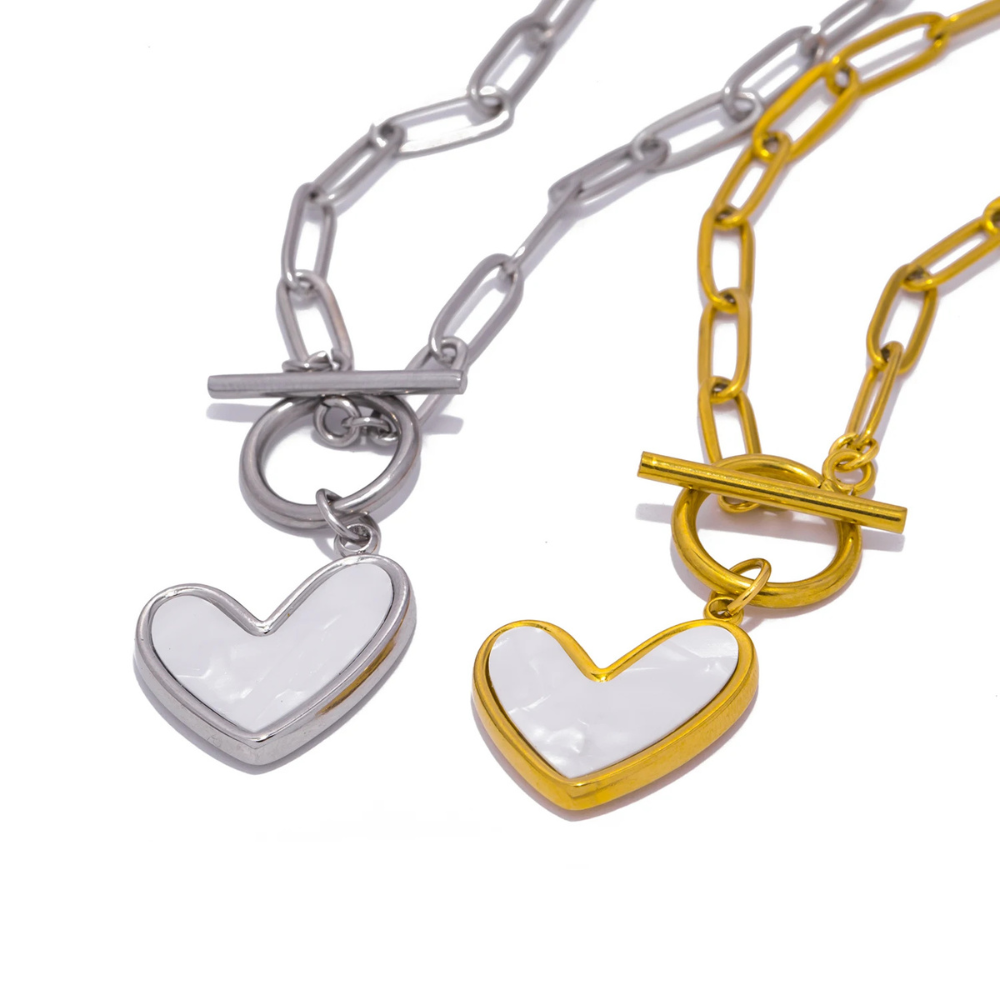 Collier Coeur Nacre acier