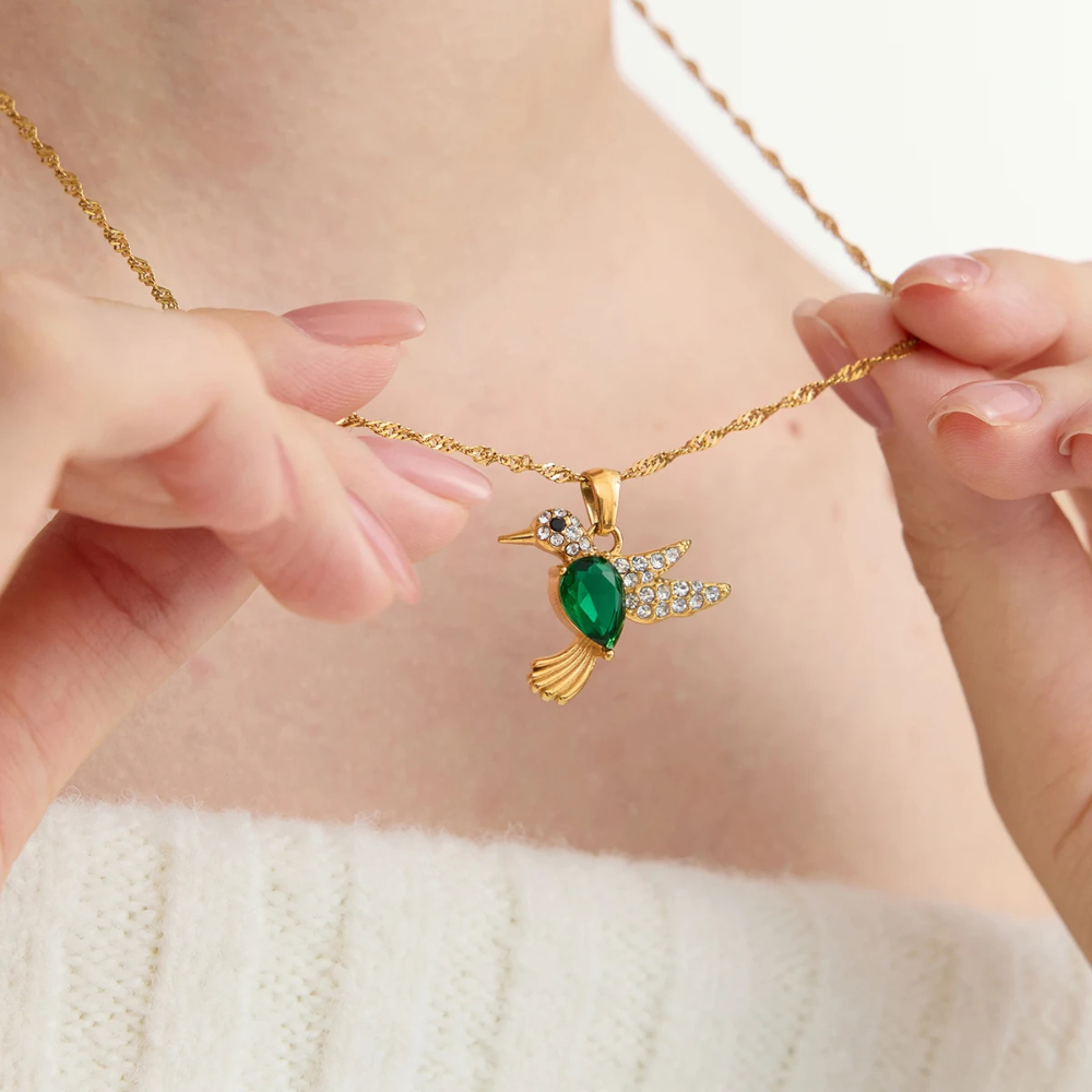 Collier Oiseau et Pierre Verte femme