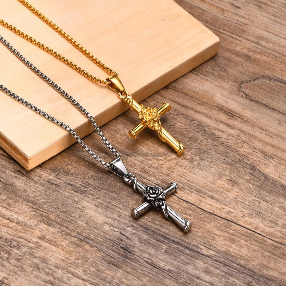 Collier Pendentif Croix et Rose Homme argent