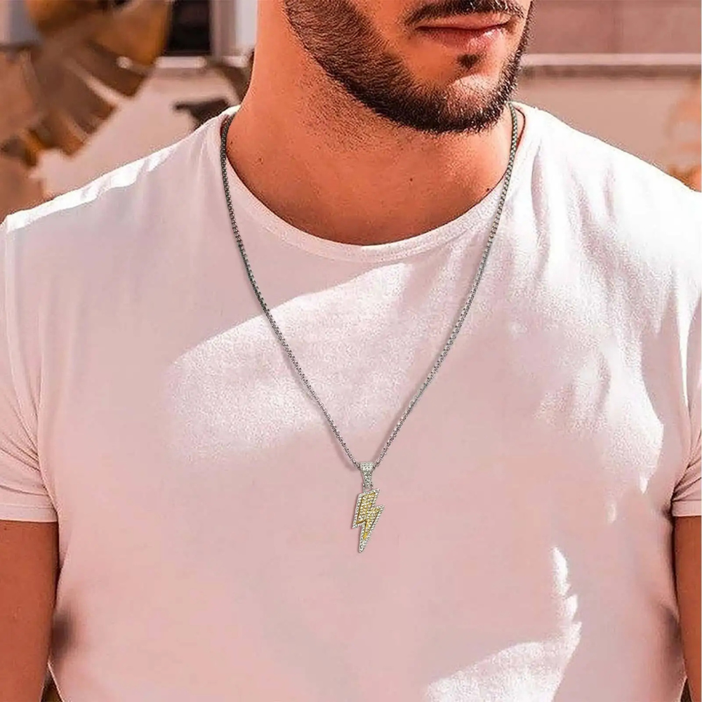 Collier Éclair Strass Homme acier