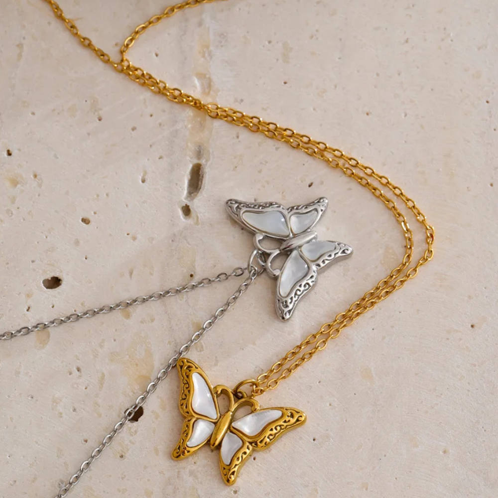 Collier Papillon et Nacre Blanc femme
