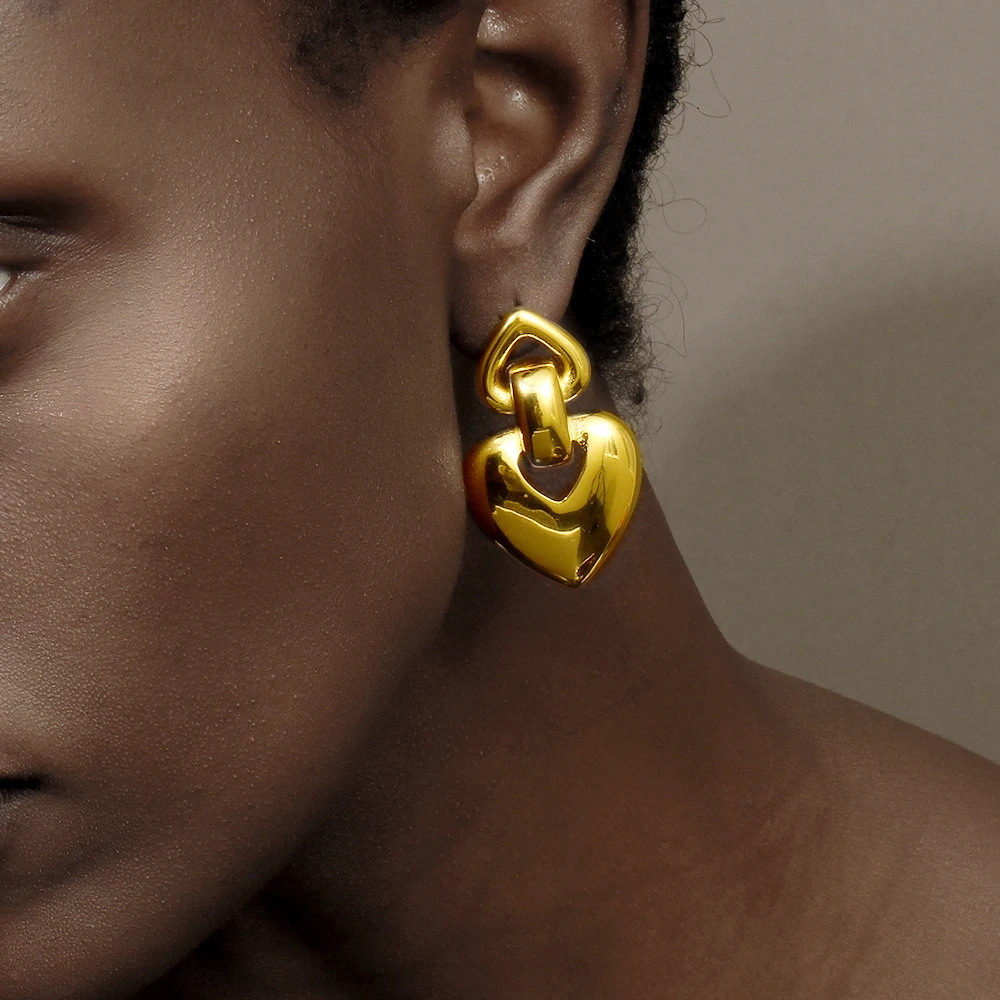 Boucles d'Oreilles Pendantes Double Cœur pas cher