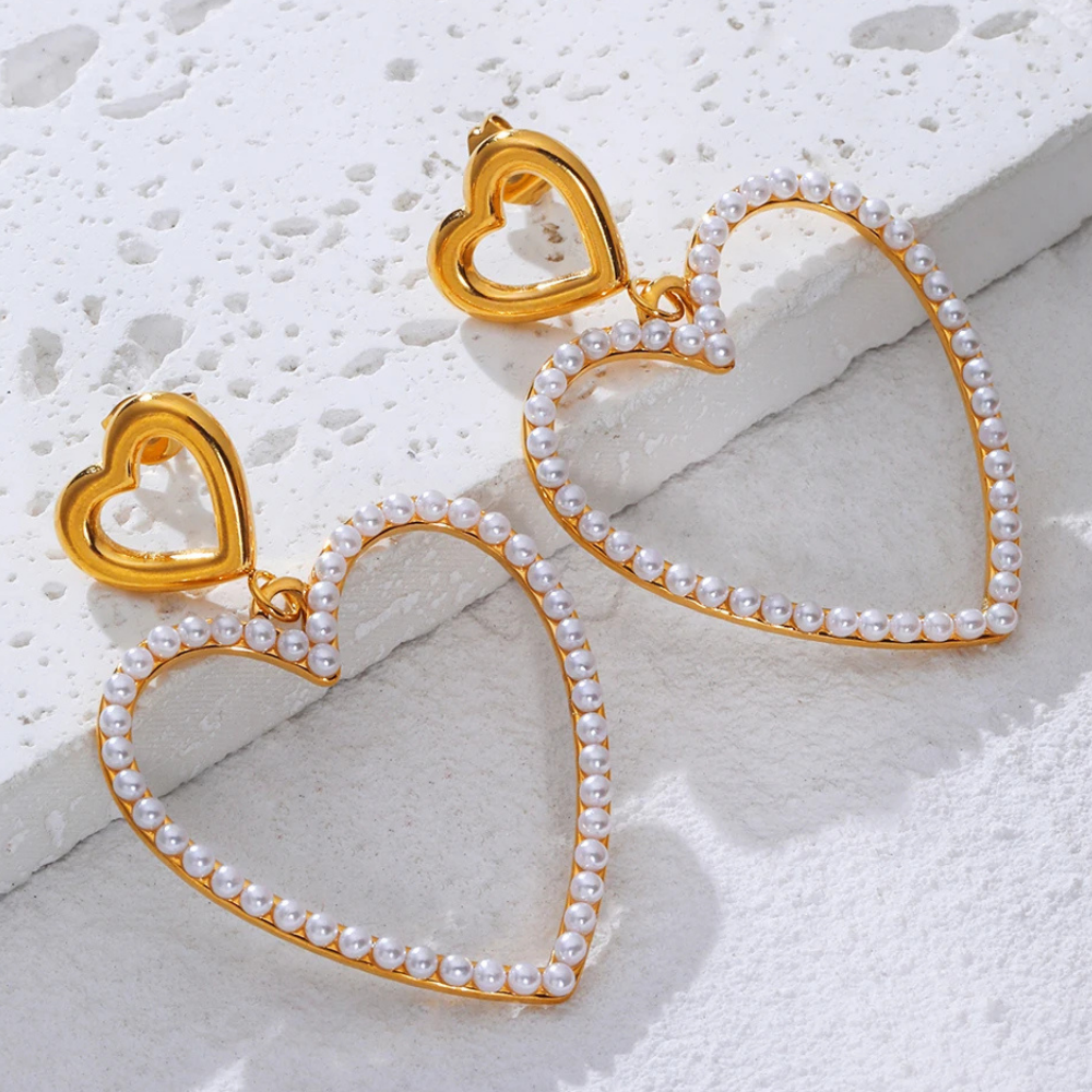 Boucles d'Oreilles Double Cœur Perles pas cher
