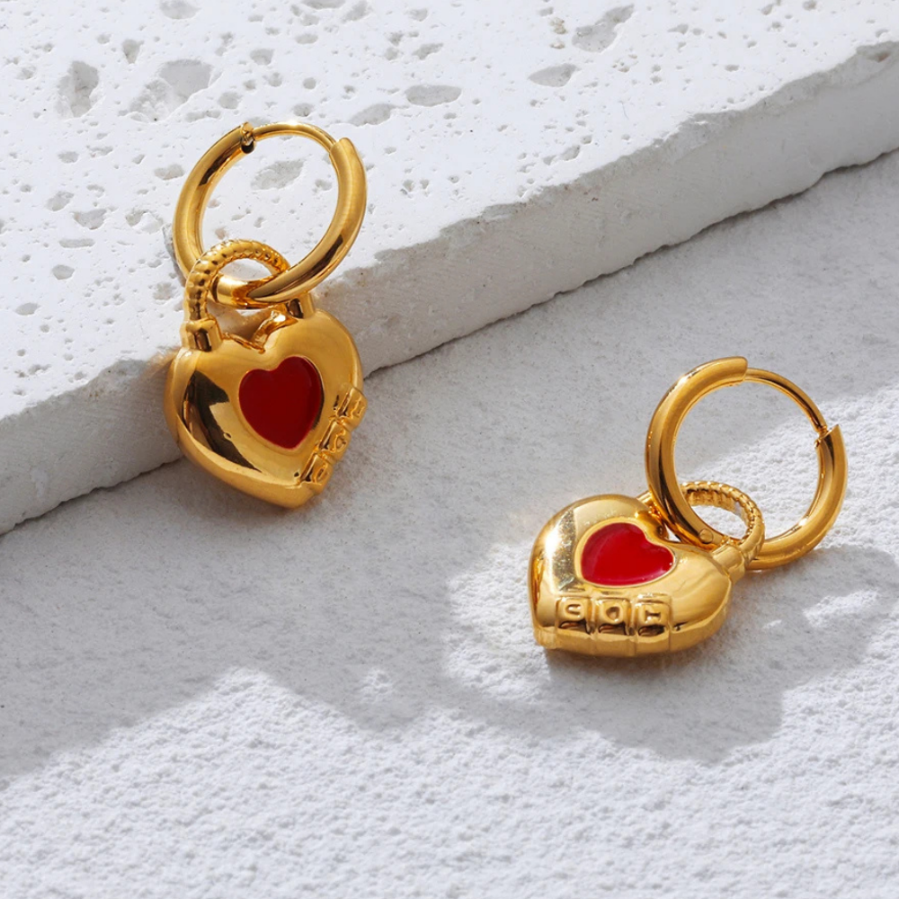 Boucles d'Oreilles Cadenas Cœur Rouge pas cher