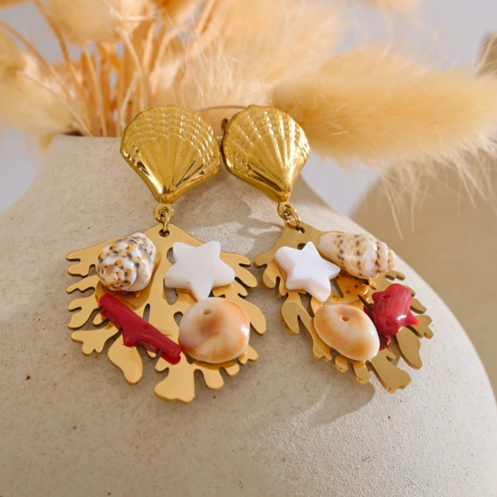Boucles d'Oreilles Pendante Coquillage Corail pas cher