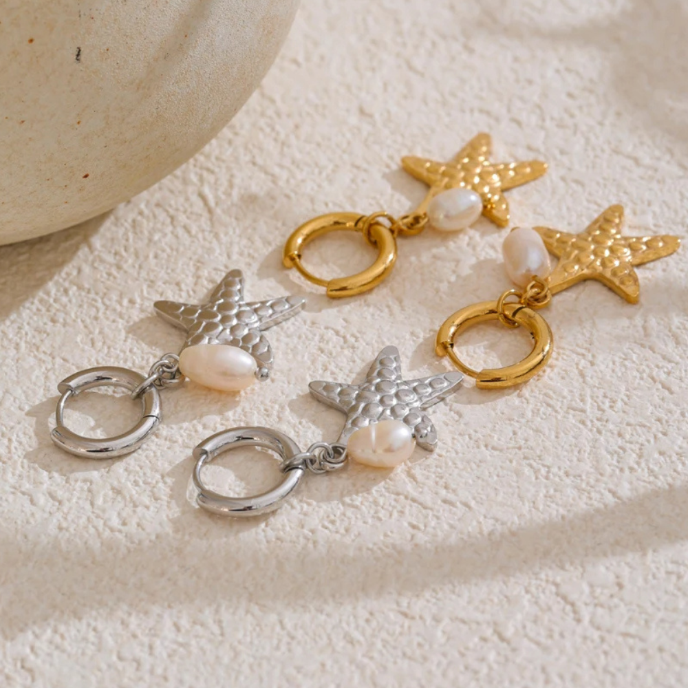 Boucles d'Oreilles Pendentif Étoile de Mer et Perle pas cher