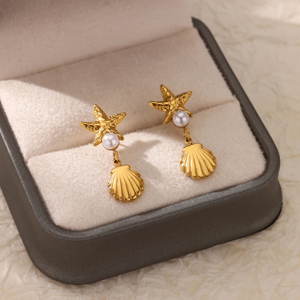 Boucles d'Oreilles Étoile de Mer Coquillage Perle pas cher