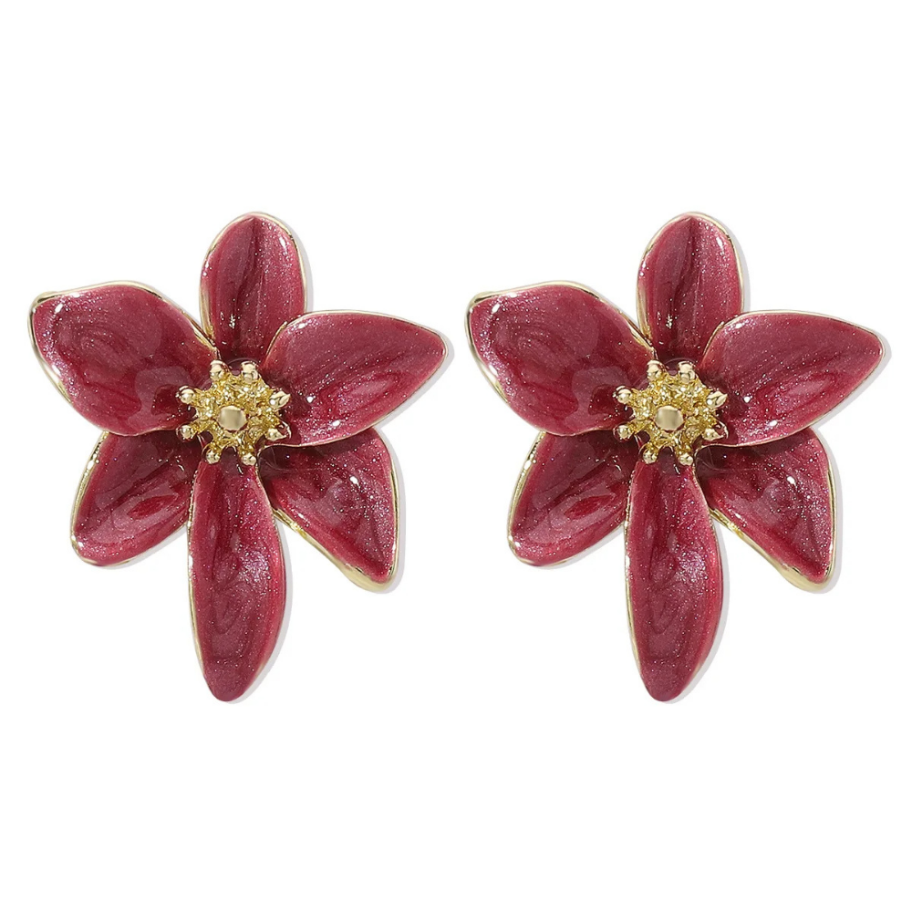 Boucles d'Oreilles Fleur Émail rouge
