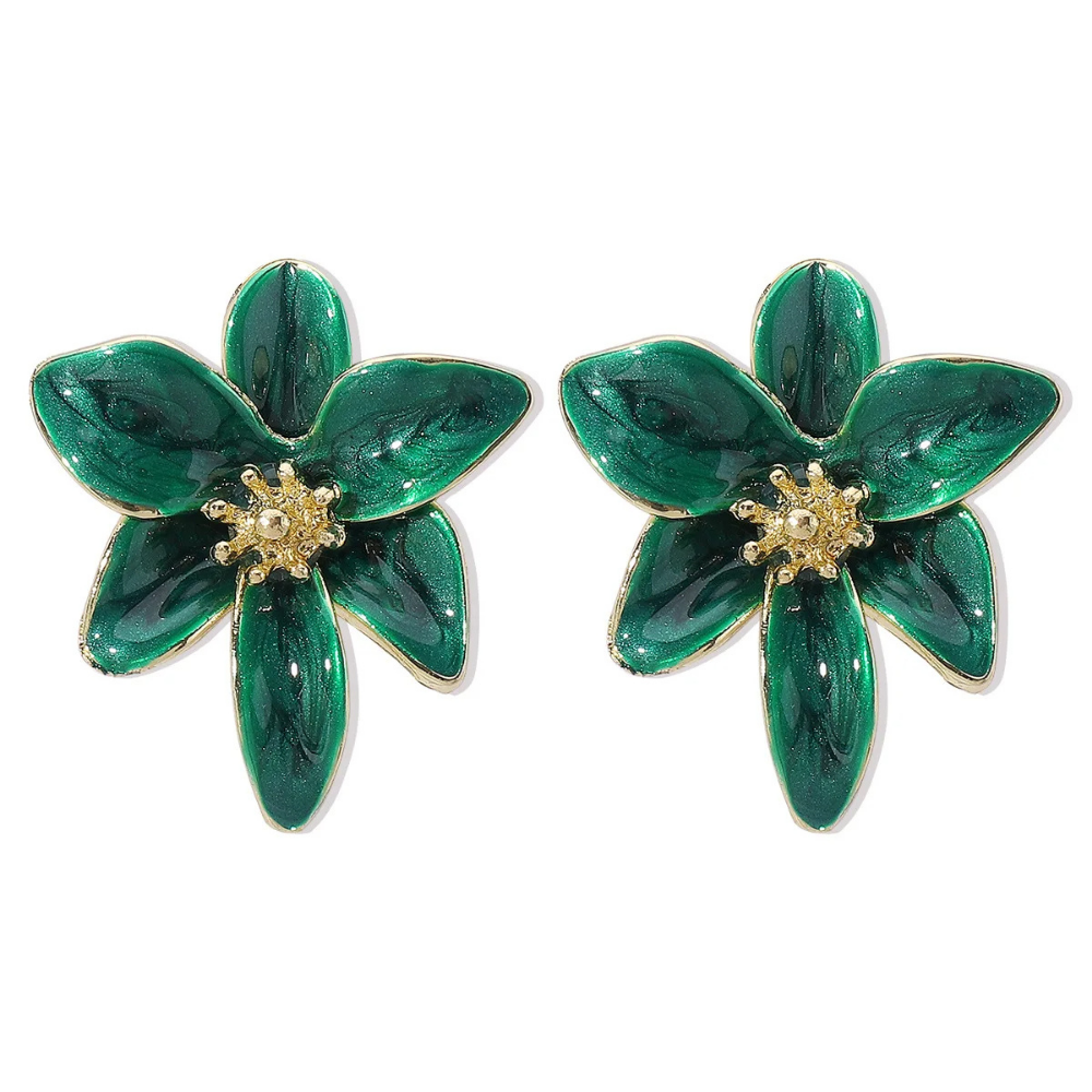 Boucles d'Oreilles Fleur Émail vert
