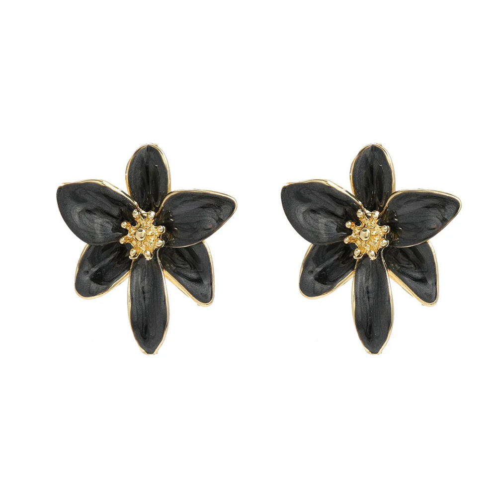 Boucles d'Oreilles Fleur Émail noir