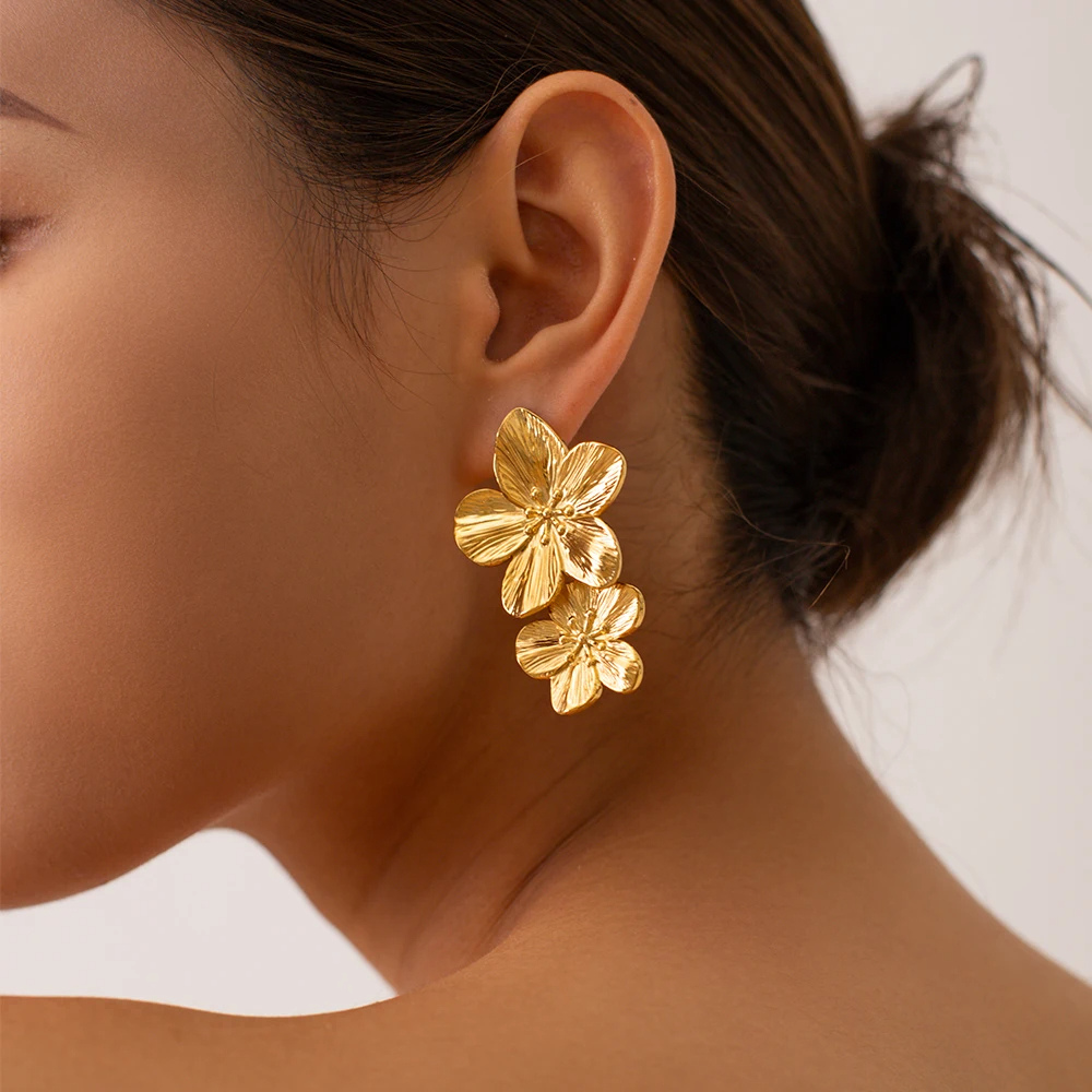 Boucles d'Oreilles Pendante Double Fleur pas cher