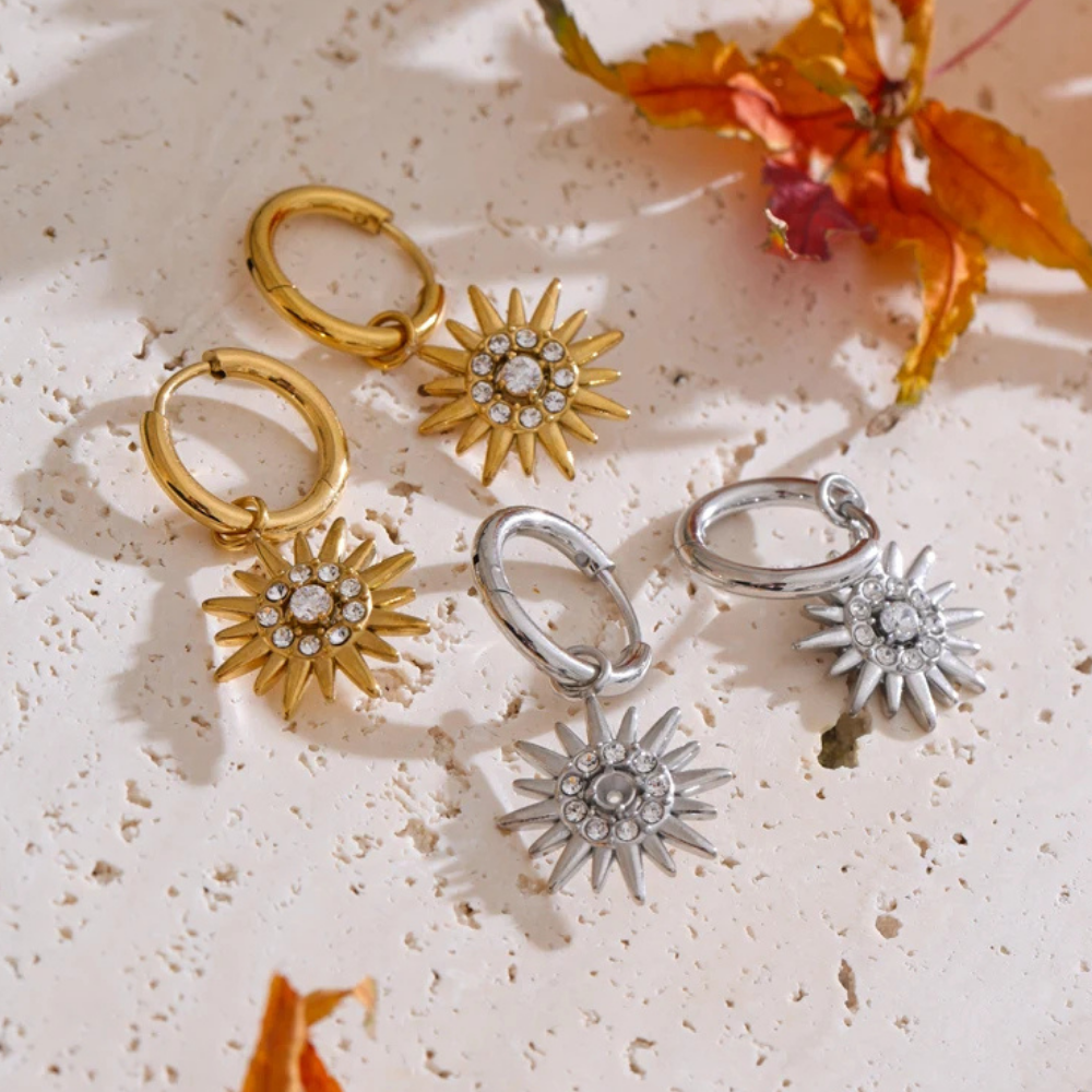Boucles d'Oreilles Pendentif Soleil Strass