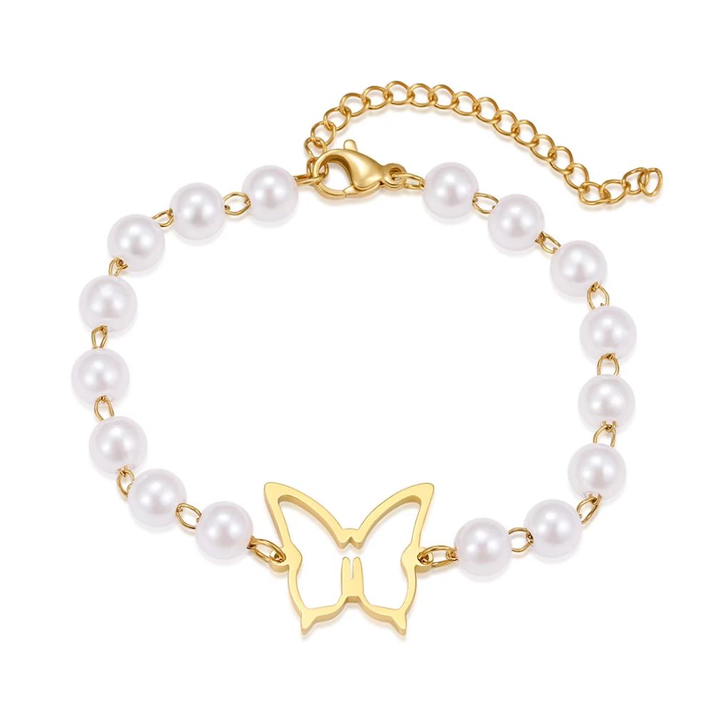 Bracelet Papillon et Perles Blanches
